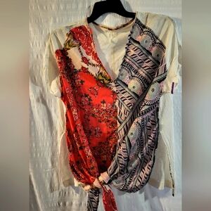 NWOT Free People tshirt.  Satin scarf tie front detailing. Medium.  Side slits.